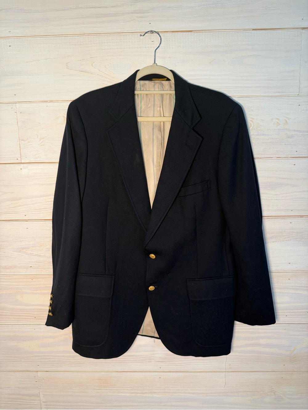 Vtg USA MADE Wimbledon Racquet Club 44R Navy Wool Hopsack Gold Button Blazer
